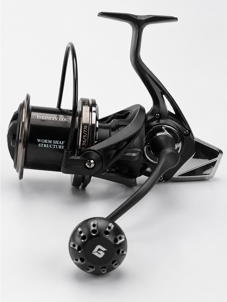 Armor Obsidian-X matte black worm shaft surfcasting reel with CNC ported knob factory wholesale